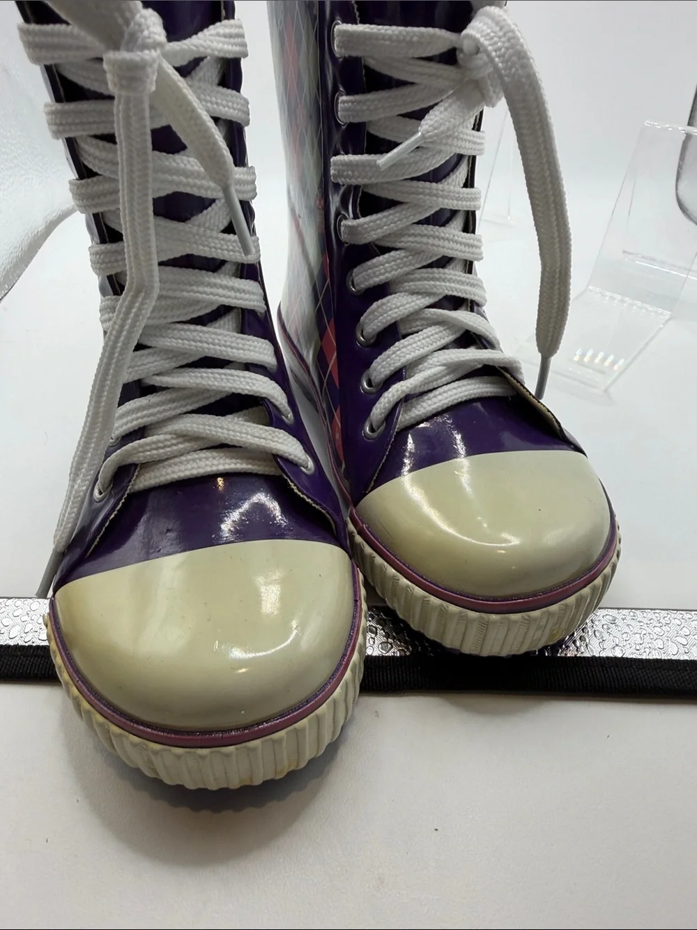 Dav Kids Purple Argyle Lace-Up Rubber Rain Boots Size 11C Retro